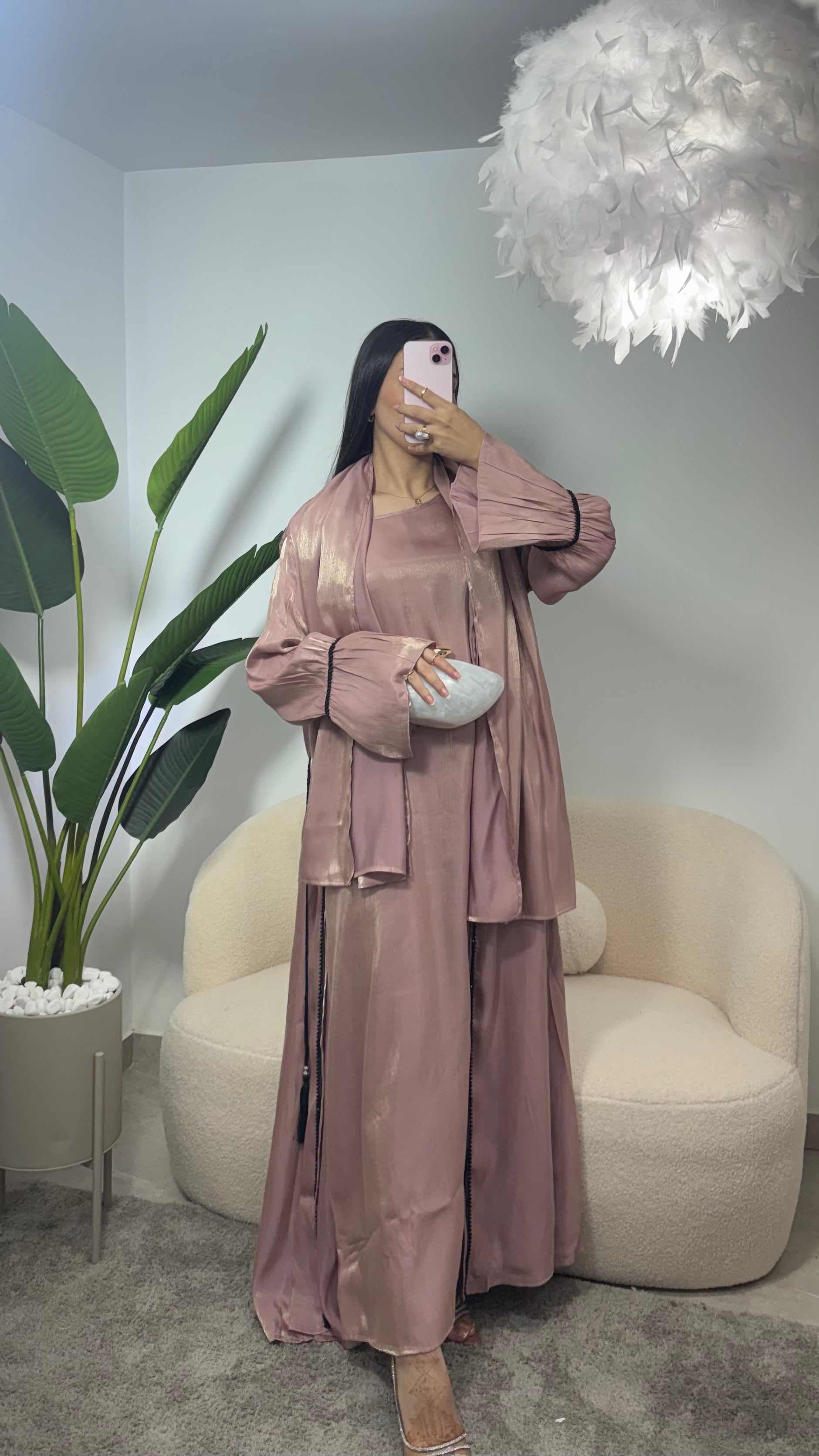 Abaya tres piezas perlada