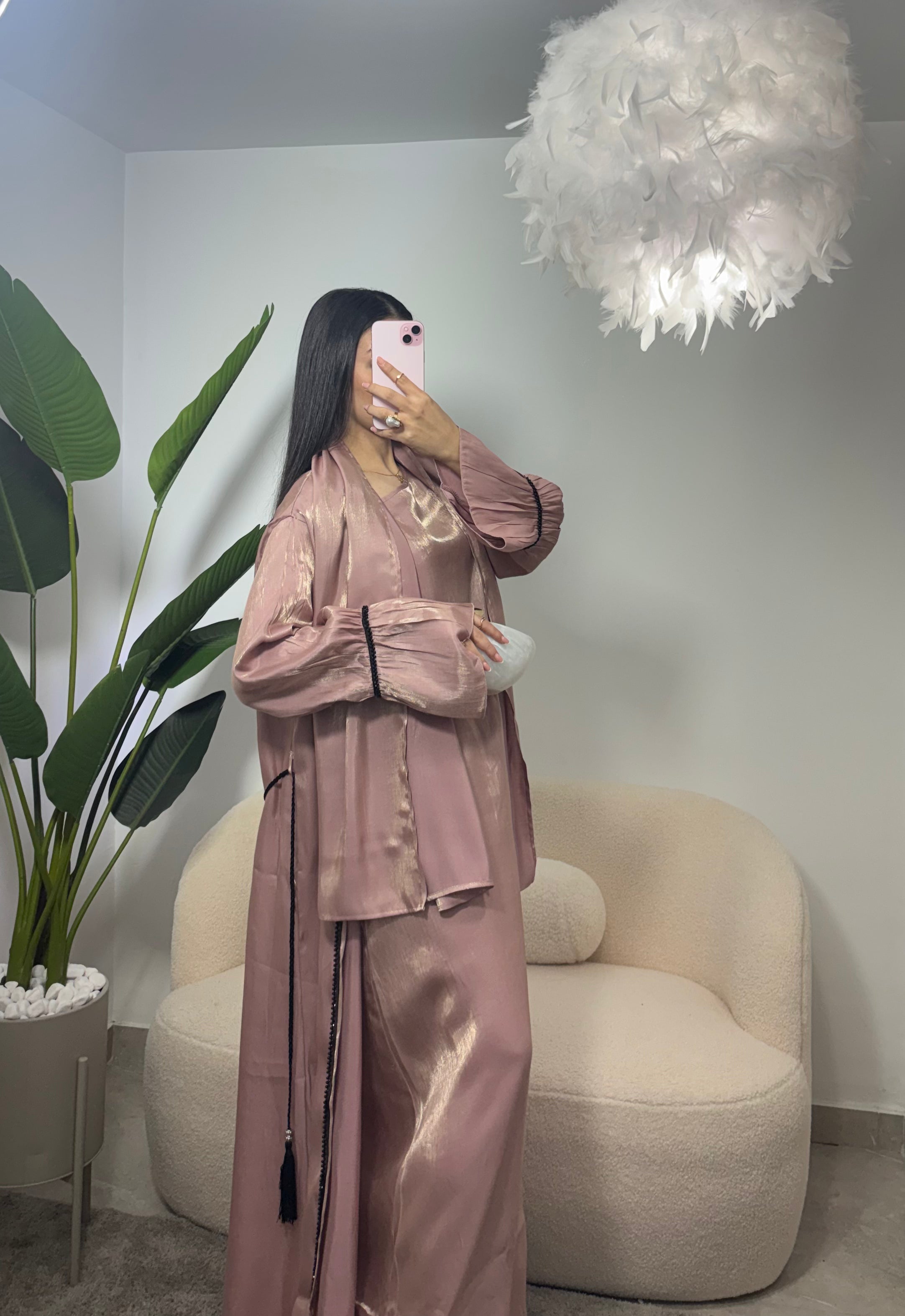 Abaya tres piezas perlada